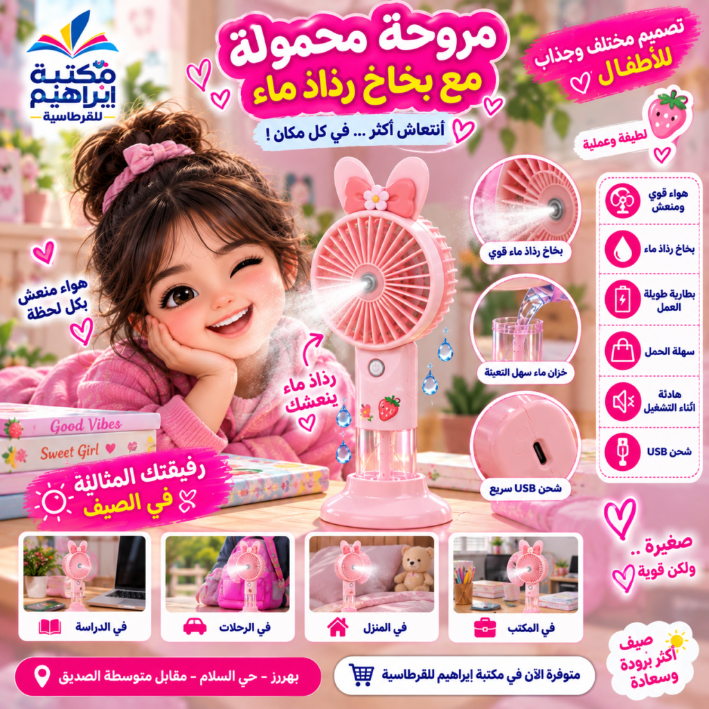 مروحة محمولة مع بخاخ رذاذ ماء للأطفال – تصميم أرنب وردي 🐰💦